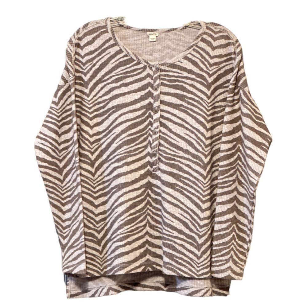 New Aerie oversized zebra print waffle knit thermal gray top, size small